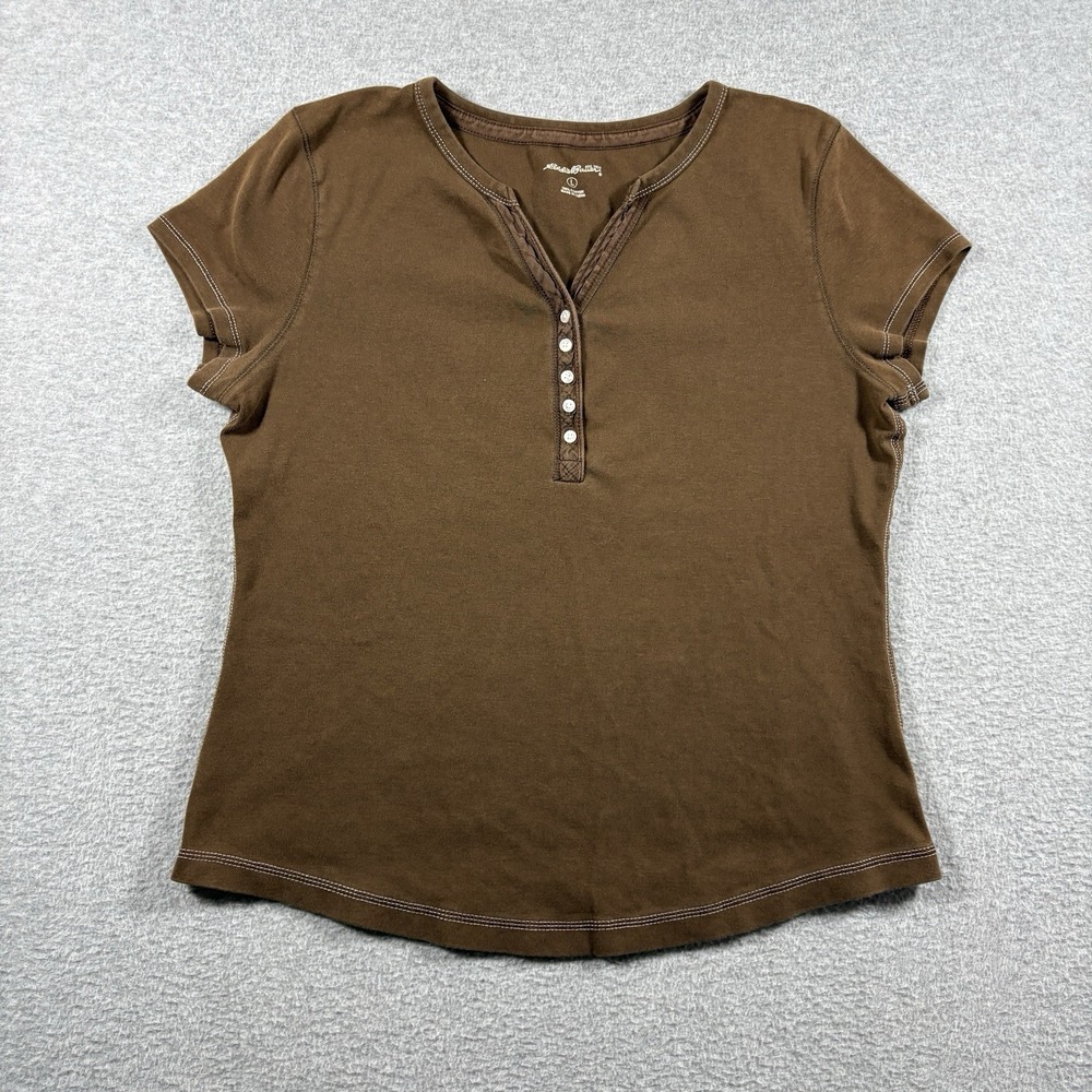 Eddie Bauer Y2K Brown Henley Top Womens Large Short Sleeve Cotton Tee Fairycore
